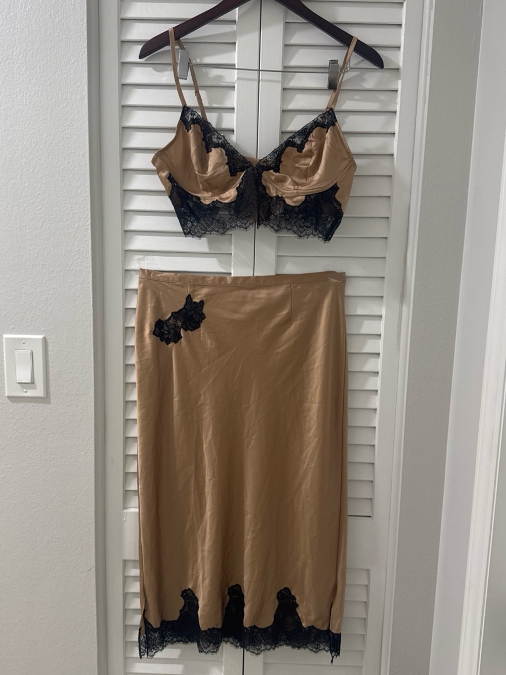 Victoria's Secret Tan and Black Satin Lace Bralette & Slip Set